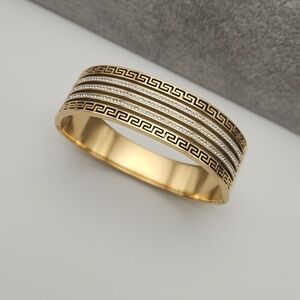 Elegant Gold-Tone Greek Key Bangle Bracelet with Crystal Accents